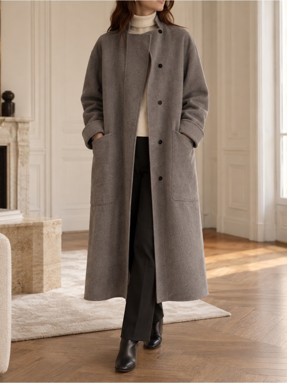 Hermès 100% Cashmere Long Gray Coat Made in France with Garment Bag